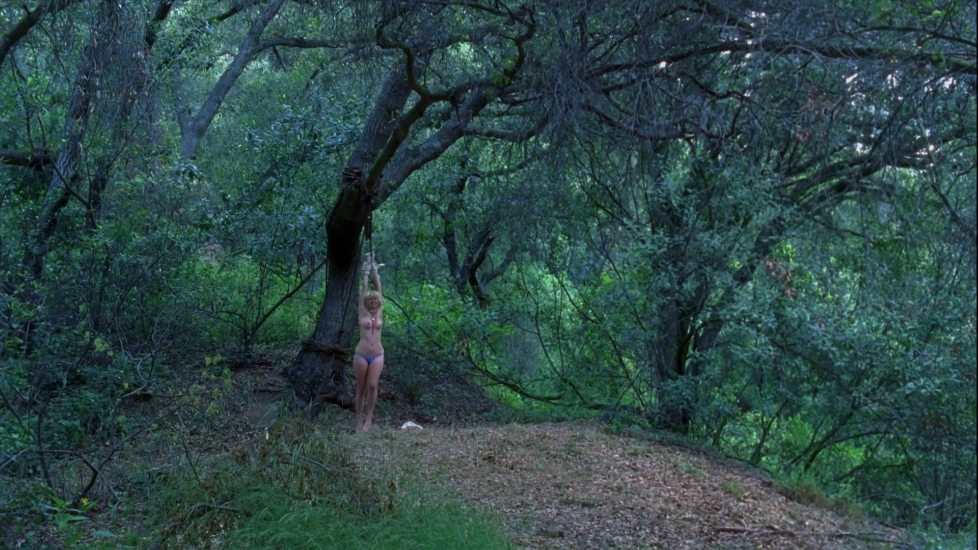 Quick weirdly edited scene where Tara is hanging out from the tree topless.