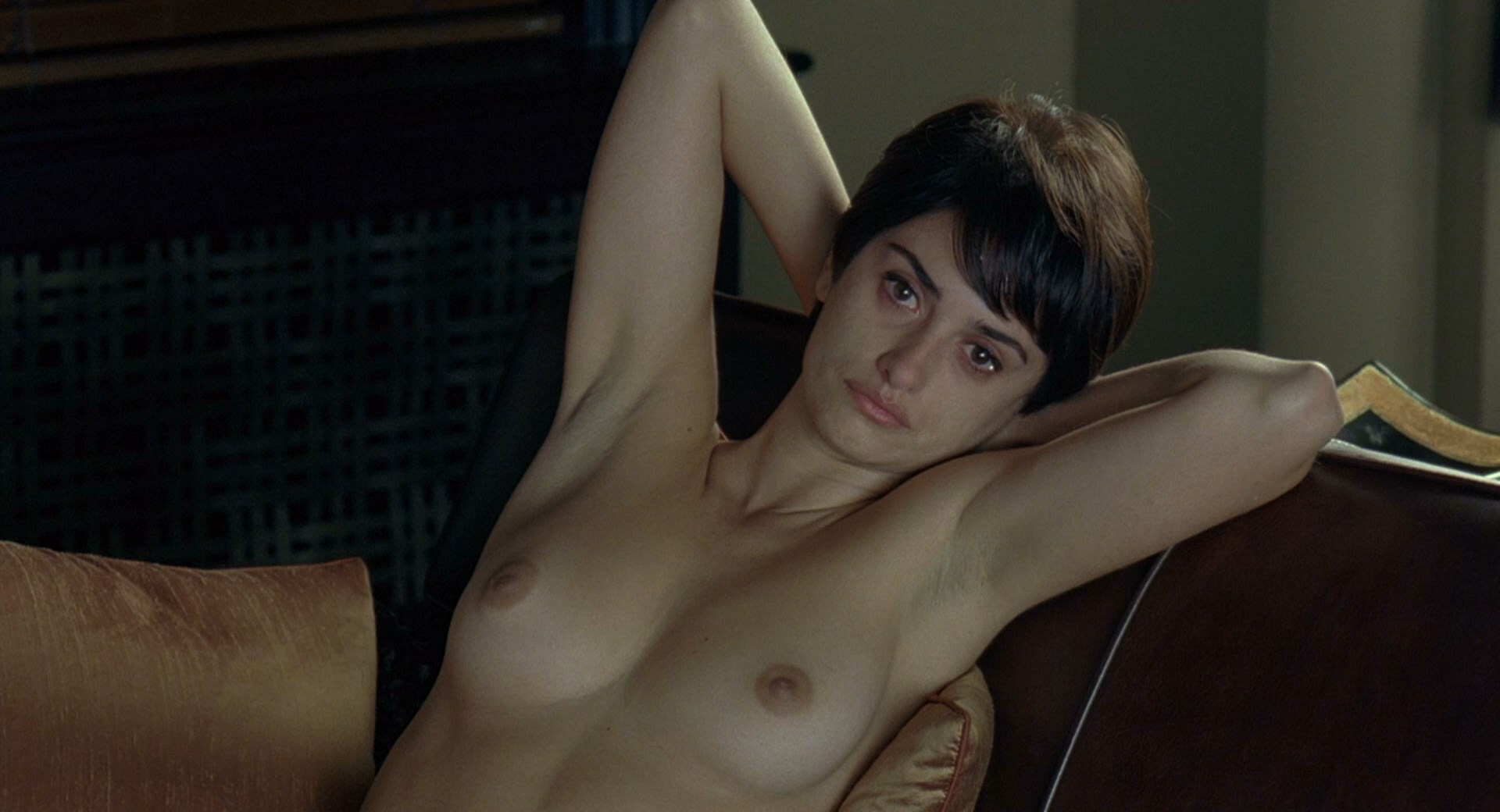 Penelope Cruz shows her tits while sitting on the couch.