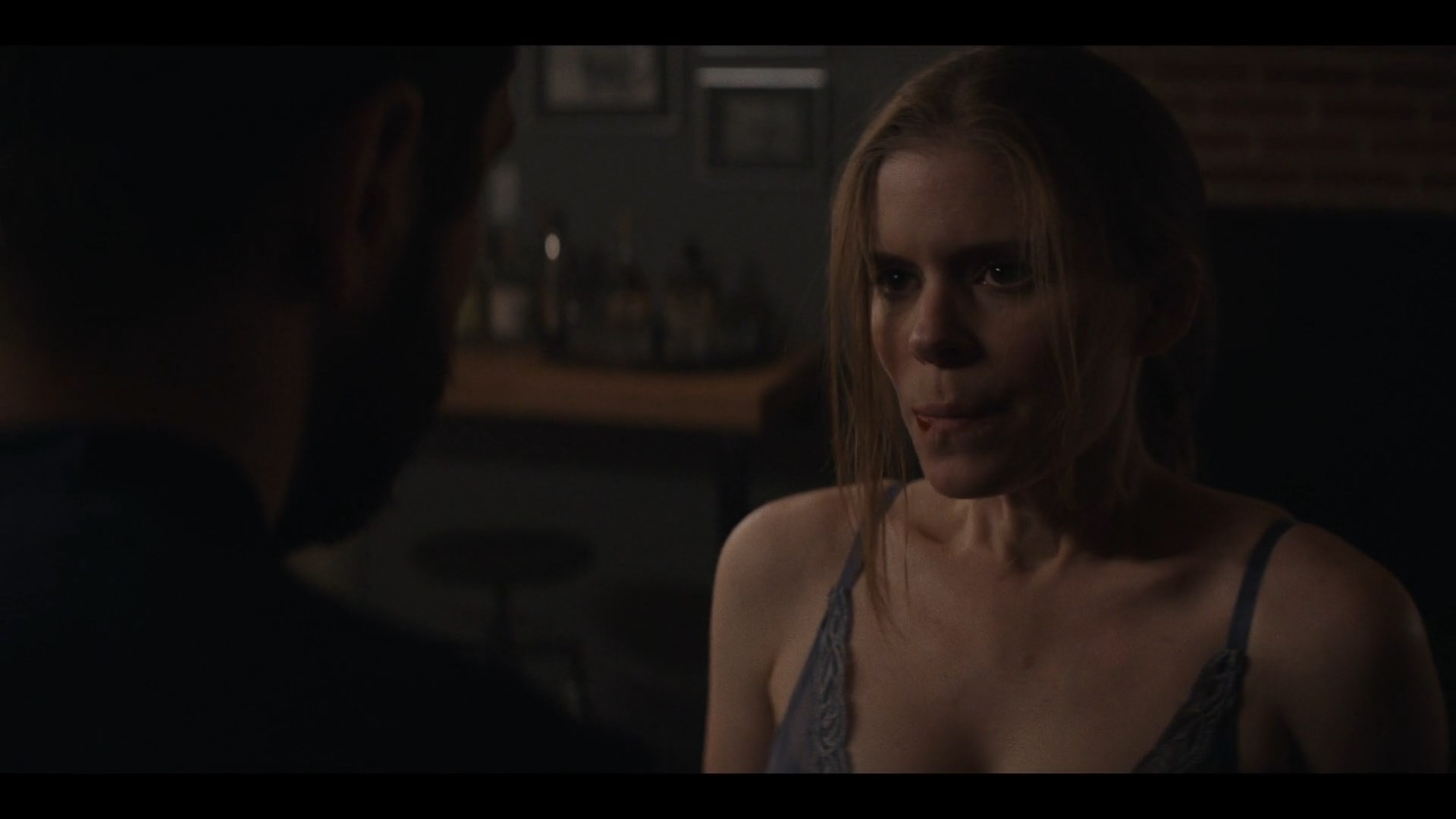 Kate Mara shows nice cleavage at the end of the long sex scene. 
