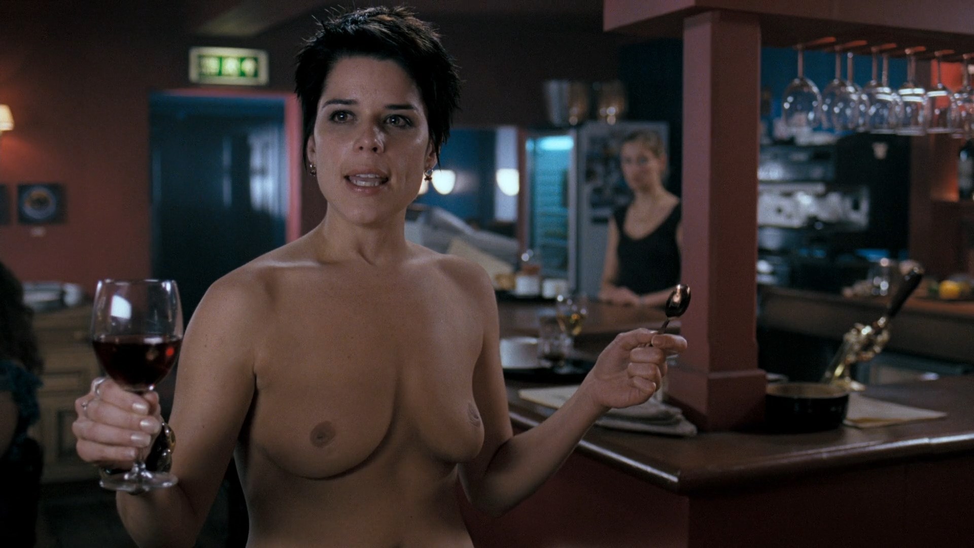 Neve Campbell strips naked in the middle of a restaurant and starts ranting...